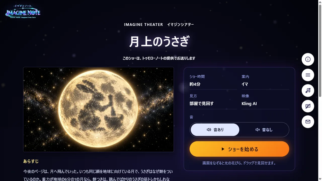 ショーの始まりの画面に出る「このショーは、トゥモローノートの提供でお送りします」